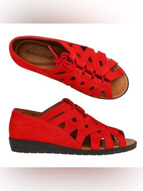 BeautiFeel | Women's Red Peep Toe Laced Nubuck Leather Comfort Sandals